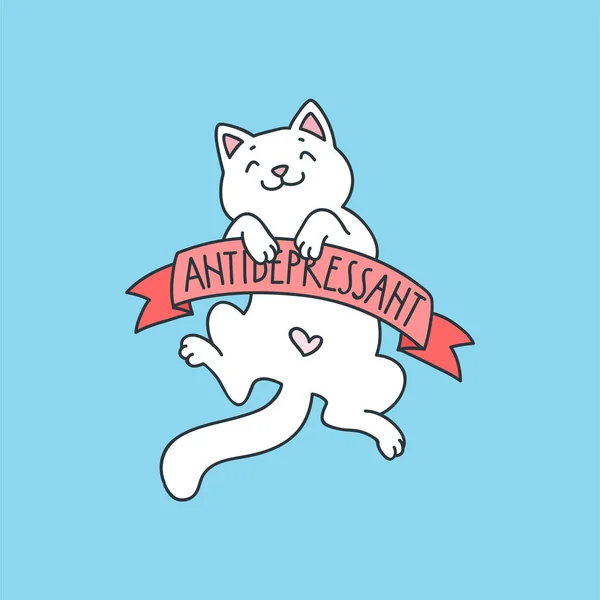 Antidepressivo Ilustração Bonito Gato Branco Engraçado Deitado Costas Segurando Uma — Vetor de Stock