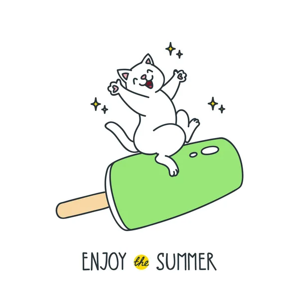 Απόλαυσε Καλοκαίρι Αστεία Απεικόνιση Μιας Ευτυχισμένης Λευκής Γάτας Που Κάθεται — Διανυσματικό Αρχείο