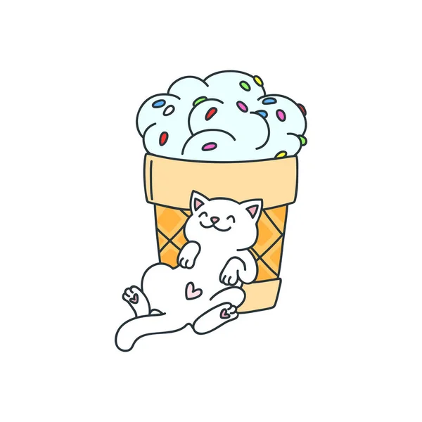 Lindo Gato Con Helado Ilustración Gato Blanco Feliz Durmiendo Cerca — Vector de stock