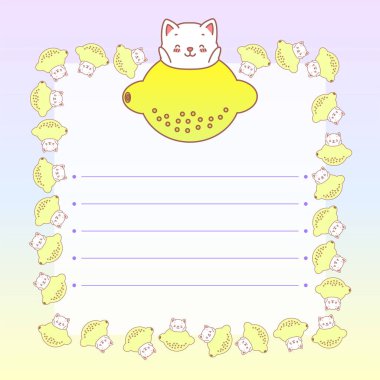 Kawaii not defteri sayfa şablonu. Limon ve yavru kedilerle süslenmiş not defteri. Yaz dönemi. Koleksiyon defteri, mermi günlükleri, hediye etiketleri, kartlar ve davetiyeler için kullanılabilir. Vektör 10 ESP.