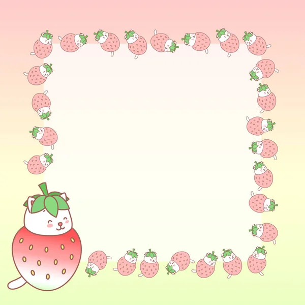 Modèle Page Cahier Kawaii Bloc Notes Décoré Fraises Petits Chatons — Image vectorielle