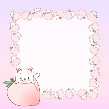 Kawaii not defteri sayfa şablonu. Şeftali ve yavru kedilerle süslenmiş not defteri. Yaz dönemi. Koleksiyon defteri, mermi günlükleri, hediye etiketleri, kartlar ve davetiyeler için kullanılabilir. Vektör 10 ESP.