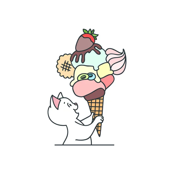 Cute Cat Ice Cream Funny Illustration Happy White Cat Holding — Stock Vector