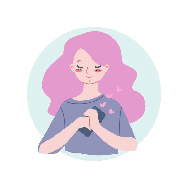 Chica Feliz Con Teléfono Ilustración Una Joven Enamorada Sosteniendo Smartphone — Vector de stock