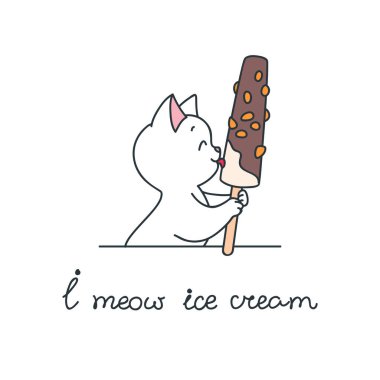 Dondurma miyavlıyorum. Çubuğun üzerinde çikolata kaplı dondurma yiyen beyaz bir kedinin şirin bir çizimi. Vektör 8 EPS.