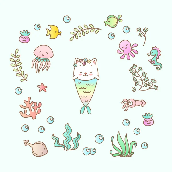 인어공주 가벼운 배경에 생물과 식물이 고양이 인어의 그림을 그렸다 Eps 로열티 프리 스톡 벡터