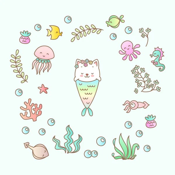 Sirena Gattino Illustrazione Kawaii Una Sirenetta Gatto Con Creature Marine Vettoriali Stock Royalty Free