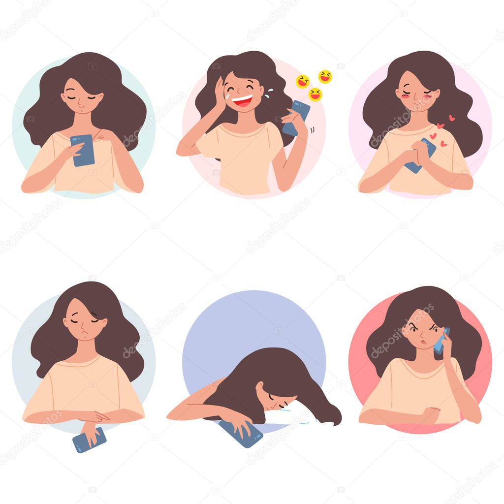 Girl with a phone. Set illustrations of a young long haired girl expressing love, happiness, anger, sadness. Vector 8 EPS.