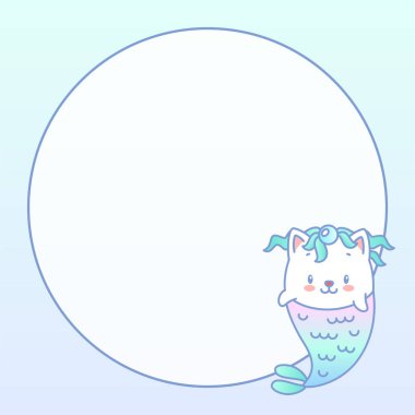 Kawaii not defteri sayfa şablonu. Pastel gradyan arka planda küçük bir kedi denizkızı tasviri ve daire şeklinde bir yazı. Vektör 10 ESP.