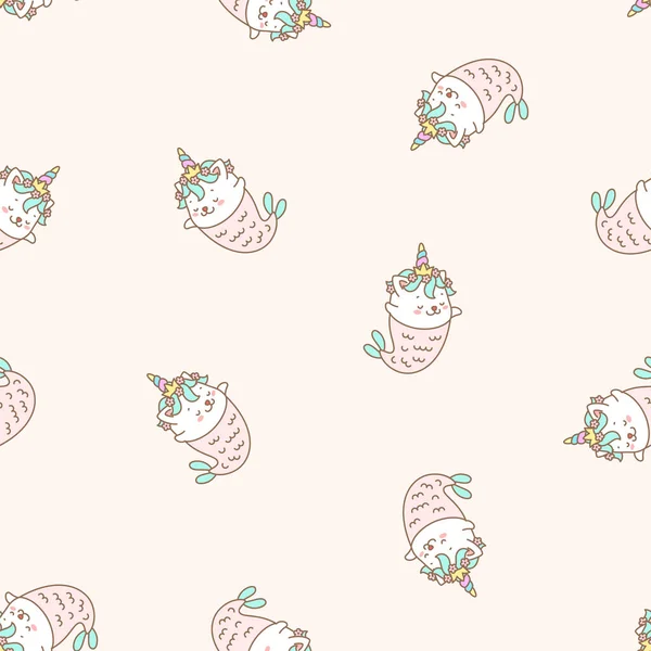 Modèle Kawaii Illustration Jolies Sirènes Chaton Magique Sur Fond Rose — Image vectorielle