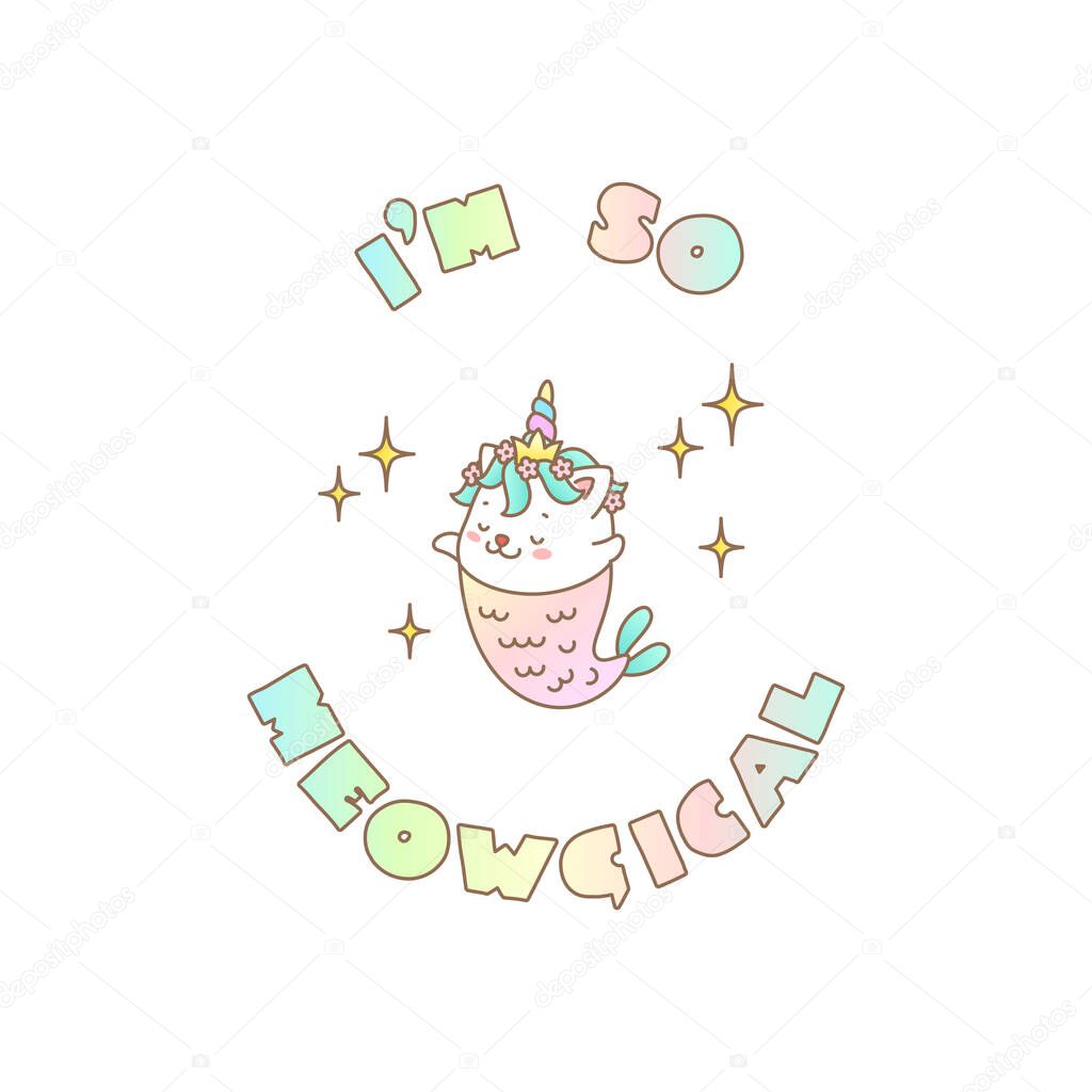 I'm so meowgical. Kawaii illustration of a sparkling magic cat isolated on white background. Vector 10 EPS.