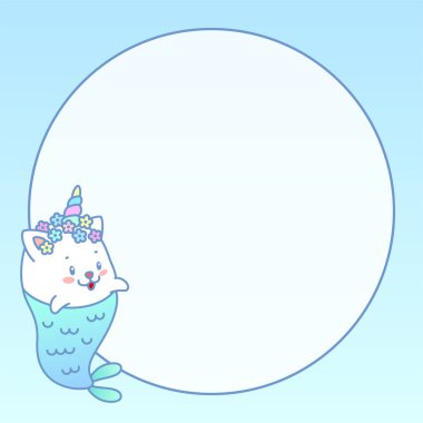 Kawaii not defteri sayfa şablonu. Pastel gradyan arka planda küçük bir kedi denizkızı tasviri ve daire şeklinde bir yazı. Vektör 10 ESP.