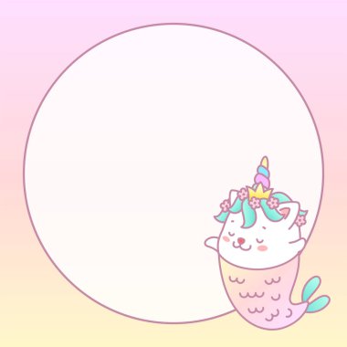 Kawaii not defteri sayfa şablonu. Pastel gradyan arka planda küçük bir kedi denizkızı tasviri ve daire şeklinde bir yazı. Vektör 10 ESP.