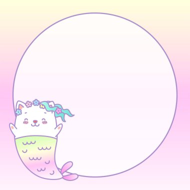 Kawaii not defteri sayfa şablonu. Pastel gradyan arka planda küçük bir kedi denizkızı tasviri ve daire şeklinde bir yazı. Vektör 10 ESP.