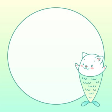 Kawaii not defteri sayfa şablonu. Pastel gradyan arka planda küçük bir kedi denizkızı tasviri ve daire şeklinde bir yazı. Vektör 10 ESP.