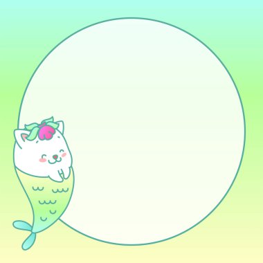 Kawaii not defteri sayfa şablonu. Pastel gradyan arka planda küçük bir kedi denizkızı tasviri ve daire şeklinde bir yazı. Vektör 10 ESP.