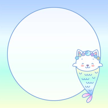Kawaii not defteri sayfa şablonu. Pastel gradyan arka planda küçük bir kedi denizkızı tasviri ve daire şeklinde bir yazı. Vektör 10 ESP.