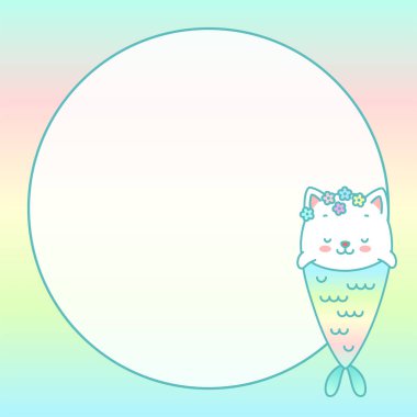 Kawaii not defteri sayfa şablonu. Pastel gradyan arka planda küçük bir kedi denizkızı tasviri ve daire şeklinde bir yazı. Vektör 10 ESP.
