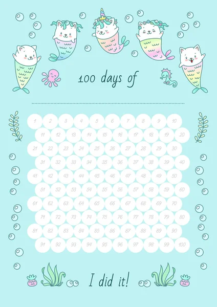 100 Días Rastreador Hábitos Imprimible Decorado Con Sirenas Gato Criaturas — Vector de stock