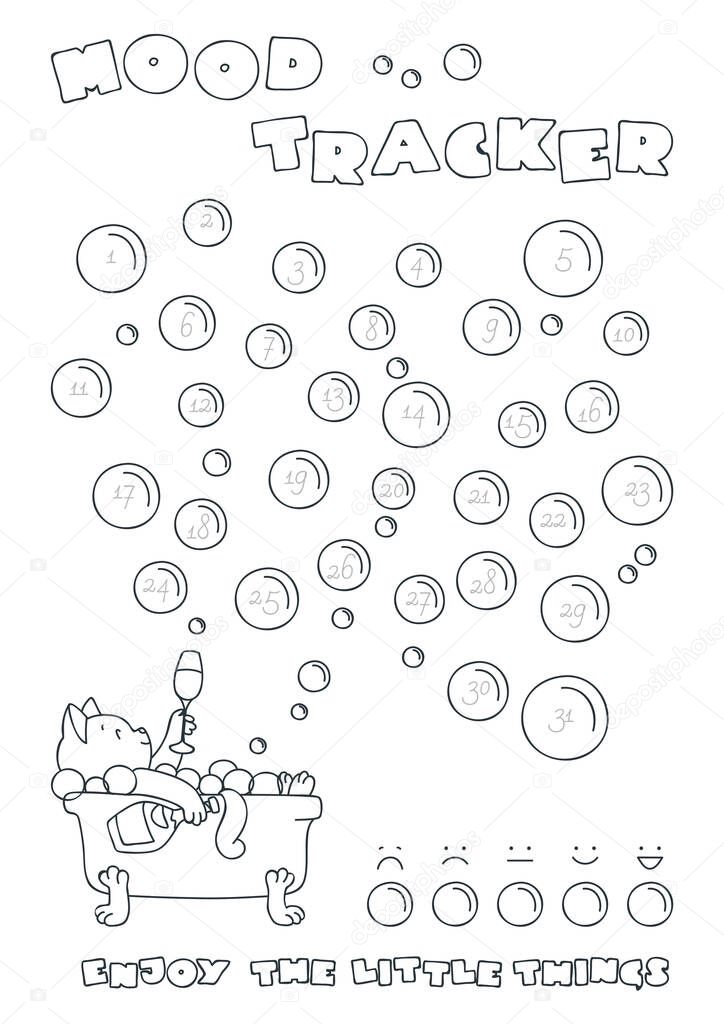 Mood Tracker. Printable mood tracker decorated with a funny cat drinking champagne in a bath. Vector 10 ESP.