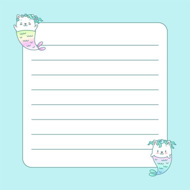 Kawaii not defteri sayfa şablonu. Küçük yavru deniz kızlarıyla süslenmiş not sayfası. Vektör 10 ESP.