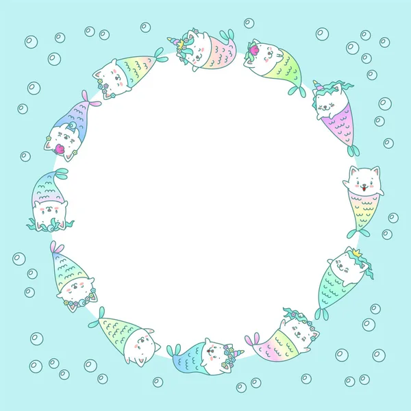 Kawaii Notebook Page Template Memo Page Decorated Little Kitten Mermaids — Stock Vector