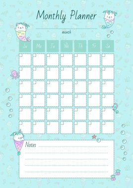 Aylık Planlayıcı. Küçük deniz kızı yavruları ve deniz yaratıklarıyla donatılmış şirin bir organizatör. Vektör 10 ESP.