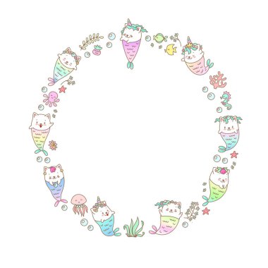 Kawaii çember arka plan şablonu. Beyaz arka planda izole edilmiş küçük deniz kızları ve deniz yaratıklarının dairesel çerçeveleri. Vektör 10 ESP.