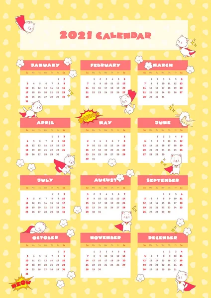 Calendário Parede 2021 Calendário Mensal Decorado Com Gatinhos Super Heróis — Vetor de Stock