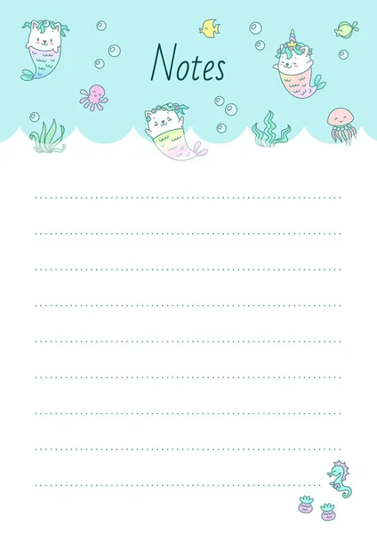 Kawaii Notebook Page Template Memo Page Decorated Little Mermaid Kittens — Stock Vector