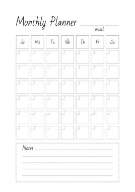 Aylık Planlayıcı. Boş yazdırılabilir dikey defter sayfası. Vektör 8 ESP.