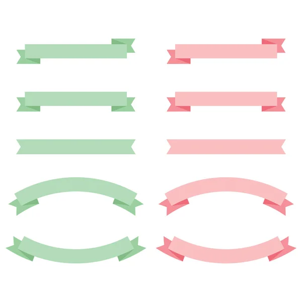 Set Ribbons Flat Pink Green Ribbons Isolated White Background Vector — Stock Vector