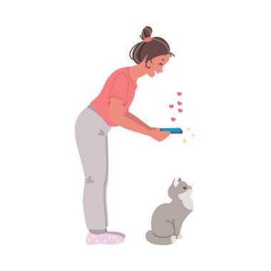Kedi fotoğrafçısı. Huysuz bir kedinin fotoğrafını çeken bir kızın portresi. Vektör 8 EPS.