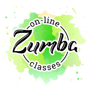 Zumba Çevrimiçi Sınıflar. Yeşil suluboya arka planda el yazısı 