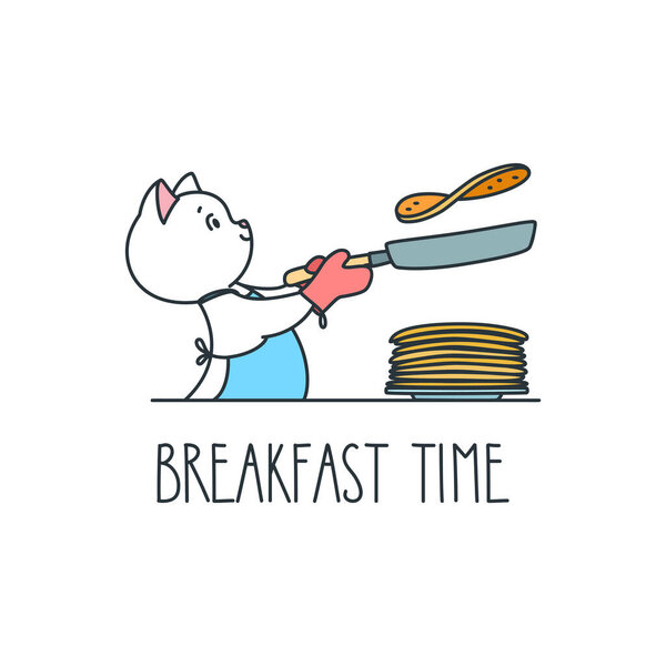Breakfast time. Illustration of a cute white cat wearing apron and cooking pancakes on a frying pan isolated on white background. Vector 8 EPS.