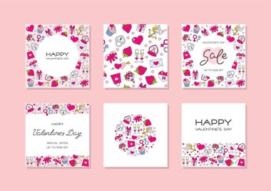 Sevgililer Günü arka plan seti. Kalpleri, yüzükleri, çiçekleri ve cupidleri gibi sevgililer günü sembolleriyle süslenmiş arka plan koleksiyonu. Tebrik kartı, davetiye, el ilanı gibi şeylerde kullanılabilir. Vektör 10 EPS.