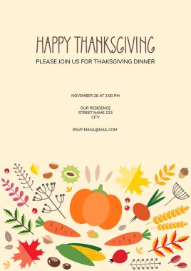 Mutlu Şükran Günleri Şükran Günü akşam yemeği davetiyesi, sebzeler, böğürtlenler, sonbahar yaprakları ve beyaz arka planda izole edilmiş el yazmaları. Vektör illüstrasyonu 8 EPS.