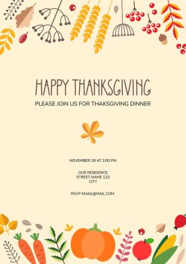 Mutlu Şükran Günleri Şükran Günü akşam yemeği davetiyesi, sebzeler, böğürtlenler, sonbahar yaprakları ve beyaz arka planda izole edilmiş el yazmaları. Vektör illüstrasyonu 8 EPS.