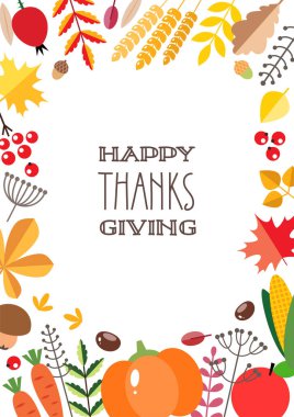 Mutlu Şükran Günleri Sonbahar arka planında sebzeler, böğürtlenler, sonbahar yaprakları ve el yazmaları beyaz arka planda izole edilmiş. Sonbahar bayramı davetiyesi, tebrik kartı veya el ilanı olarak kullanılabilir. Vektör illüstrasyonu 8 EPS.