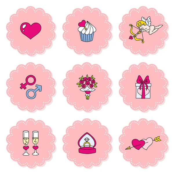 Valentinstag Cupcake Tops Cupcake Topper Mit Doodle Abbildungen Von Valentinstagssymbolen — Stockvektor