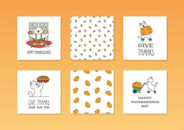 感謝祭の日のグリーティングカードのコレクション カボチャやパイとかわいい猫の秋のイラスト ベクトル図10 Eps — ストックベクタ