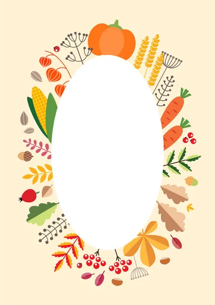 Thanksgiving Day Frame Autumn Oval Wreath Made Vegetables Autumn Leaves — Stock Vector