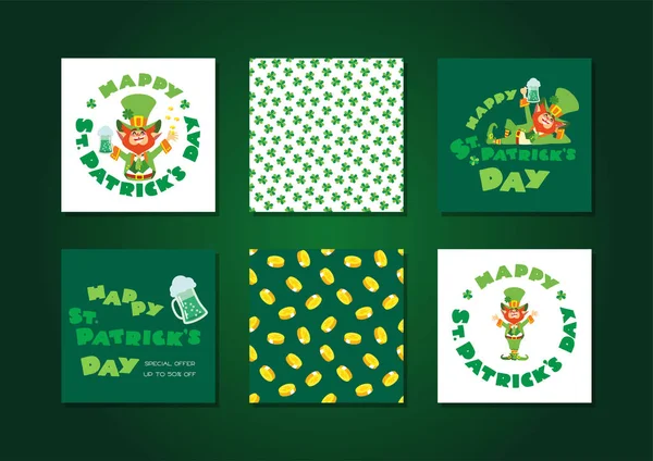 Patricks Day Templates Set Collection Cards Backgrounds Decorated Leprechaun Green — Stock Vector