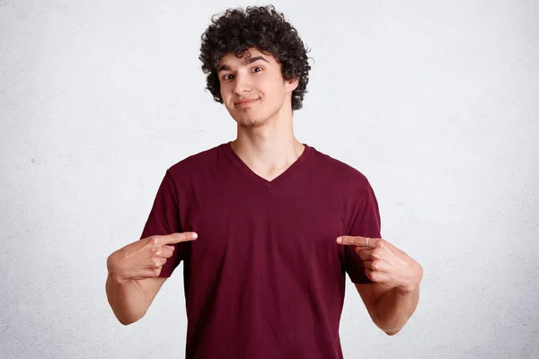 Attractive Male Youngster Crisp Dark Hair Points Casual Shirt Shows — Stock Photo, Image