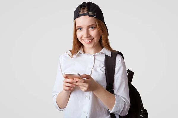 Isolated Shot Teenage Girl Comes Back School Carries Rucksack Holds — Stock Photo, Image