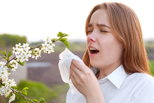 Sesongallergi Unge Kvinner Snuser Nyser Står Foran Blomstrende Trær Allergisk – stockfoto