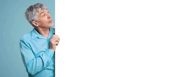 Attractive Grey Haired Male Blue Formal Shirt Stands Aside Looks — Stock Photo, Image