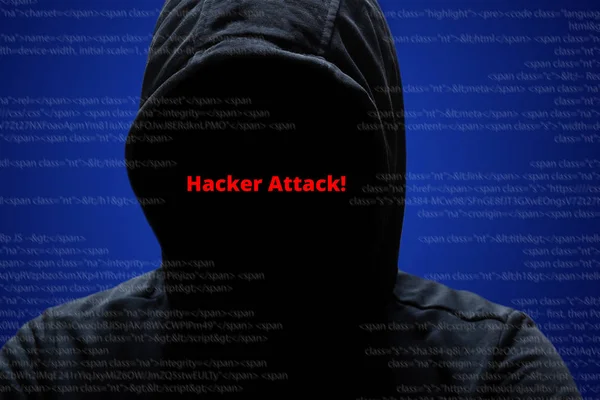 Hacker Attack Concept Unrecognizable Faceless Mysterious Male Hacker Black Hoodie — Stock Photo, Image