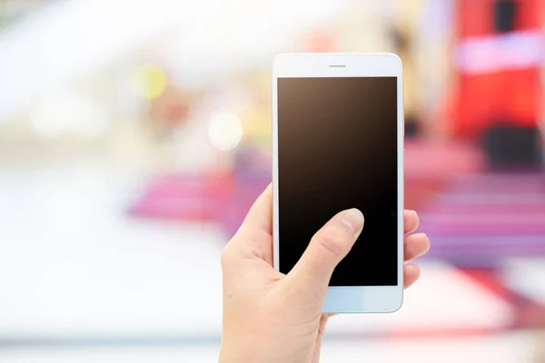 Shot Unrecongnizable Woman Holds Modern Smart Phone Blank Copy Black — Stock Photo, Image
