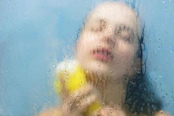 Relax Bathroom Wet Female Keeps Eyes Closed Holds Bath Sponge — Stock Photo, Image